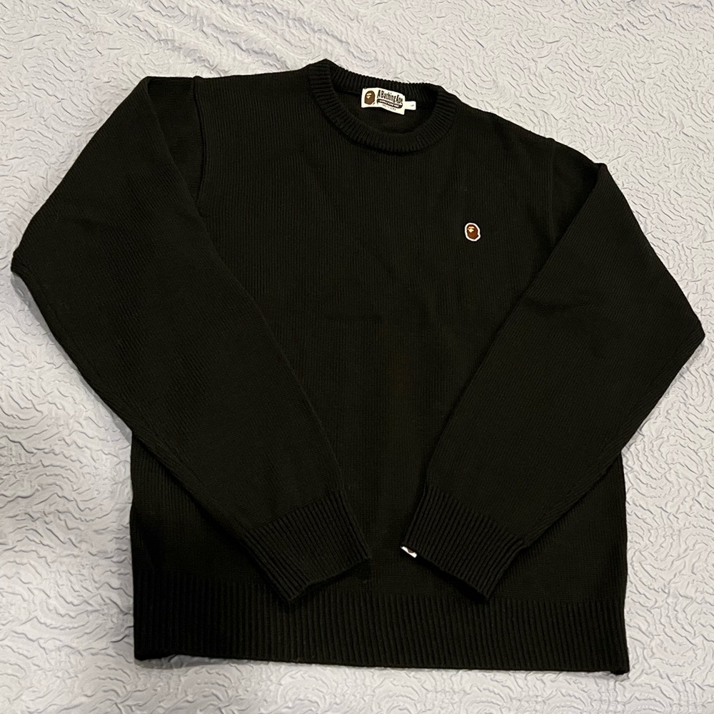 BAPE A Bathing Ape Black Knit Sweater Ape Head Logo Mens Size L